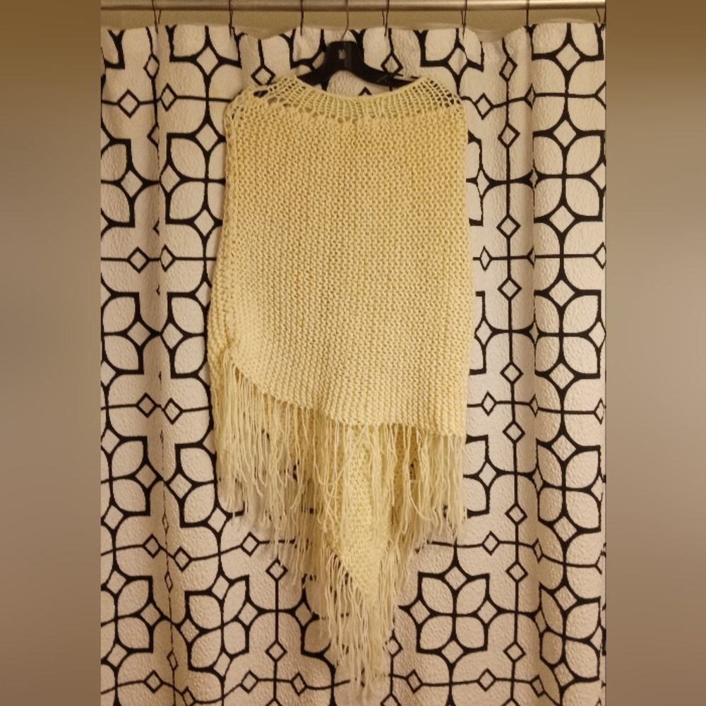 Elegant Cream Knit Fringe Poncho Sweater